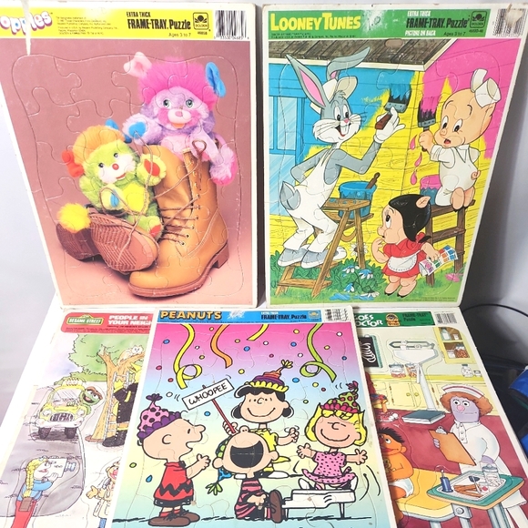 golden Toys Vtg Lot Of 5 Golden Frame Tray Puzzles Popples Sesame